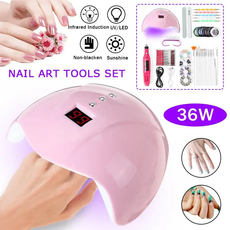 Набор для нейл-арта 36 Вт УФ светодиодная лампа Сушилка с 15 шт. гибкой щеткой USB шлифовальный сверлильный станок набор с ногтей наклейки для украшения