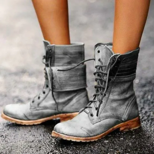 Женские кожаные сапоги до середины икры; ковбойские сапоги в западном стиле; женские кожаные рыцарские сапоги; Женская винтажная зимняя обувь на шнуровке; ботинки; HVT526 - Цвет: Grey
