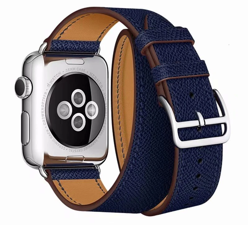 Коровья кожа двойной тур ремешок для Apple Watch 5 Группа 44 мм iwatch серии 4 3 2 1 42 мм петля 38 мм Браслет замена 40 мм сталь - Band Color: Cross pattern Blue