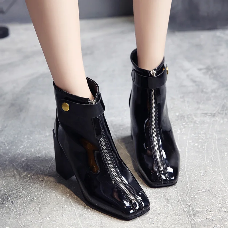 

Middle Boots Small Leather Boot Women's Waterproof Platform Square Head Front Zipper High-Heel Chunky-Heel INS England Martin Bo