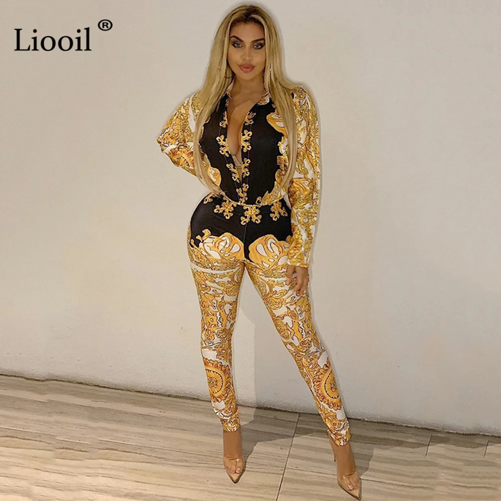 Liooil/комплект из 2 предметов с золотым принтом, Клубные Вечерние наряды для женщин, осень, рубашка с длинными рукавами, топ и штаны бодикон, сексуальные комплекты