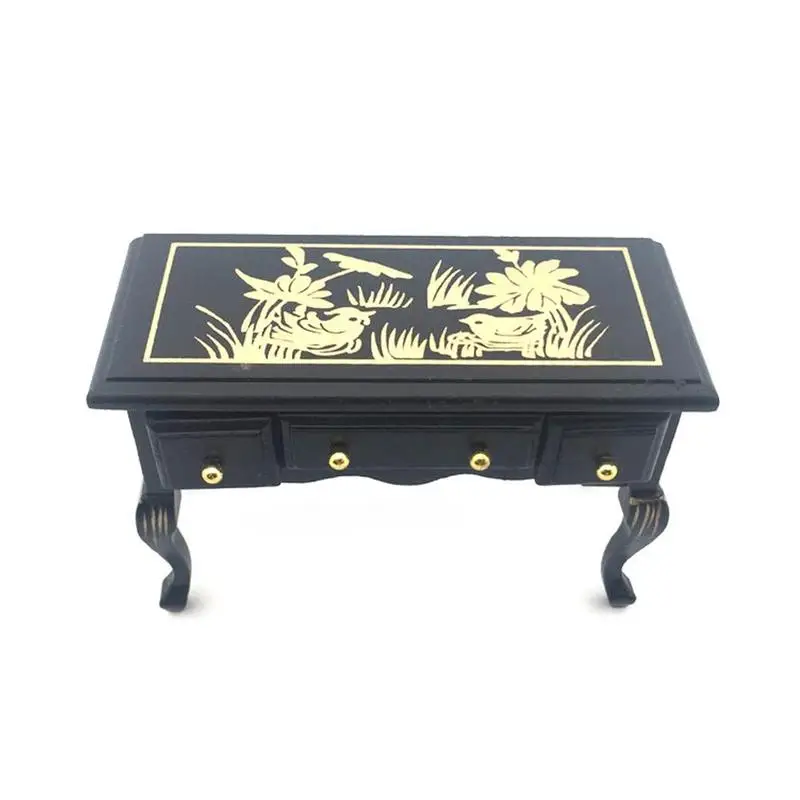  1:12 Dollhouse Mini Retro Desk With Drawers Black Wood Side Table Painting And Calligraphy Writing 