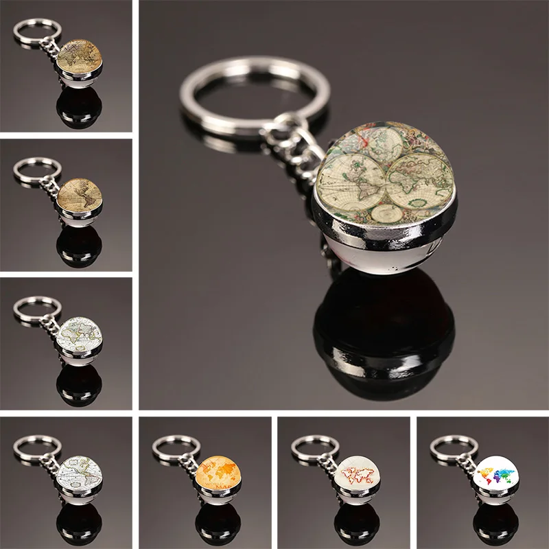 Vintage World Map Keychain Globe Earth Pendant Key Chain Americas