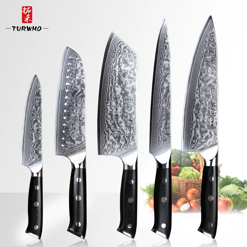 

TURWHO 5 Pcs Kitchen Knife Set 67 layers Japanese Damascus Stainless Steel Chef Santoku Cleaver Utilit Paring Knives G10 Handle