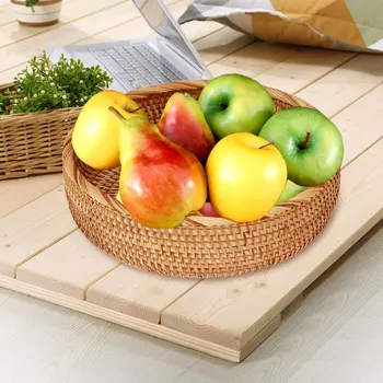 

Wicker Woven Round Basket Bread Tray Serving For Food Fruit Cosmetic Storage Tabletop Bathroom Storage Kitchen Organizer