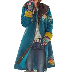 Women Woolen Coat Ethnic Printed Long Loose Hooded Coats Autumn Winter Thick Plush Warm Jackets Button Windbreaker Outerwear