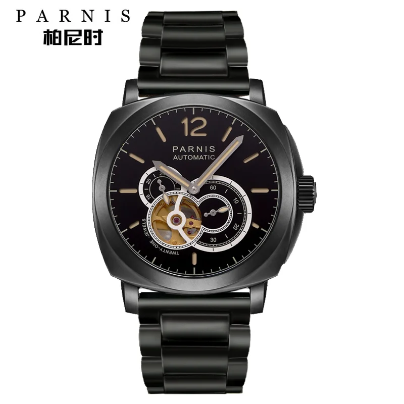 

Parnis 44mm Black Case Mens Automatic Skeleton Watch 21 Jewels Luminous Men's Mechanical Watches Waterproof relogios masculinos
