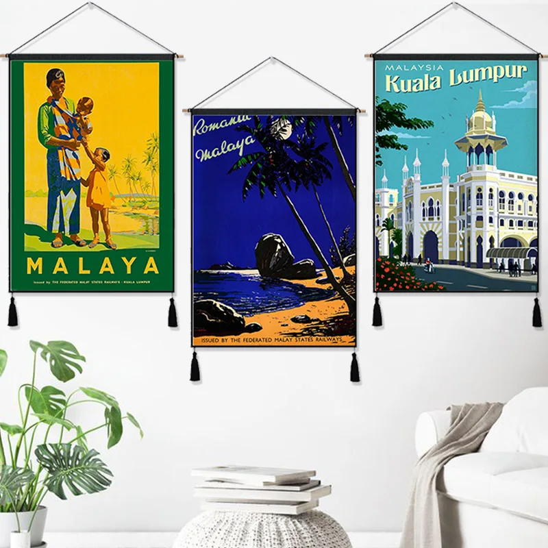 Малайзия, Kuala Lumpur, винтажная подвесная ткань, хлопковая линия, живопись, плакат, домашний декор, настенный гобелен, подарок