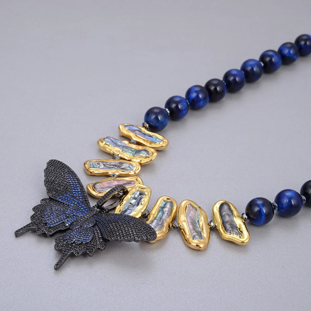 Jewelry Natural Blue Tigers Eye Round Smooth Gold Color Black Biwa Pearl Necklace CZ Butterfly Pendant 20