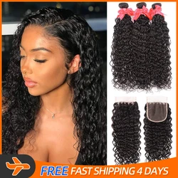 Lace Closure 32 34 Inch Deep Wave Curly Bundles Remy 10A Human Hair Extension 4X4 Closure Pre Plucked Water Wave 3 4 Bundles