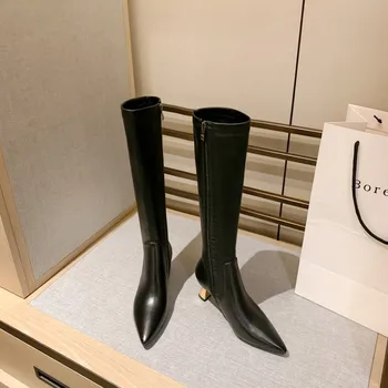 

MLJUESE 2021 women knee-high boots cow leather winter short plush beige color pointed toe high heels female high boots size 40