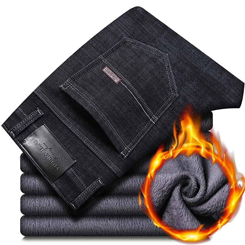 Winter Thermal Warm Flannel Stretch Jeans Mens Winter Quality Famous Brand Fleece Pants Straight Flocking Trousers Denim Jeans 4