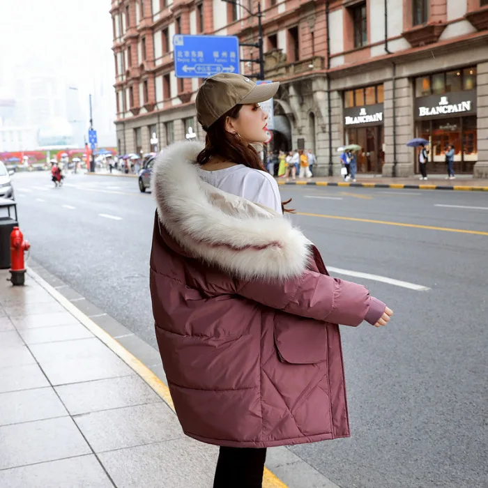 

Beige down Jacket Cotton-padded Clothes Women's Mid-length Korean-style 2018 New Style Winter Students Coat Large Fur Collar Cot