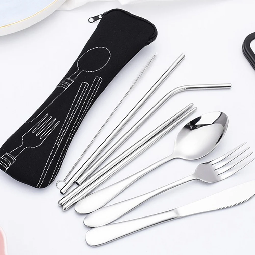 Set De 6 Couverts De Camping En Acier Inoxydable - Couteau, Fourchette, Cuillère - Portable