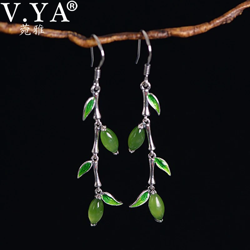 

V.YA 925 Sterling Silver Green Natural Stone Dangle Bamboo Leaves Design Drop Earrings Cute Girl's Gift Jewelry