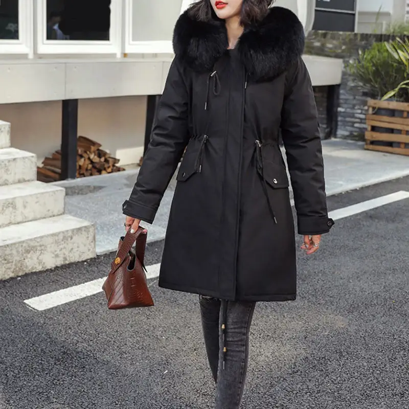 Black coat women RICININA, Длинная зимняя куртка, хлопок, Женская парка с капюшоном, с мехом, на молнии, женские пальто размера плюс, женские куртки, повседневное пальто, шерсть - Цвет: Black coat women