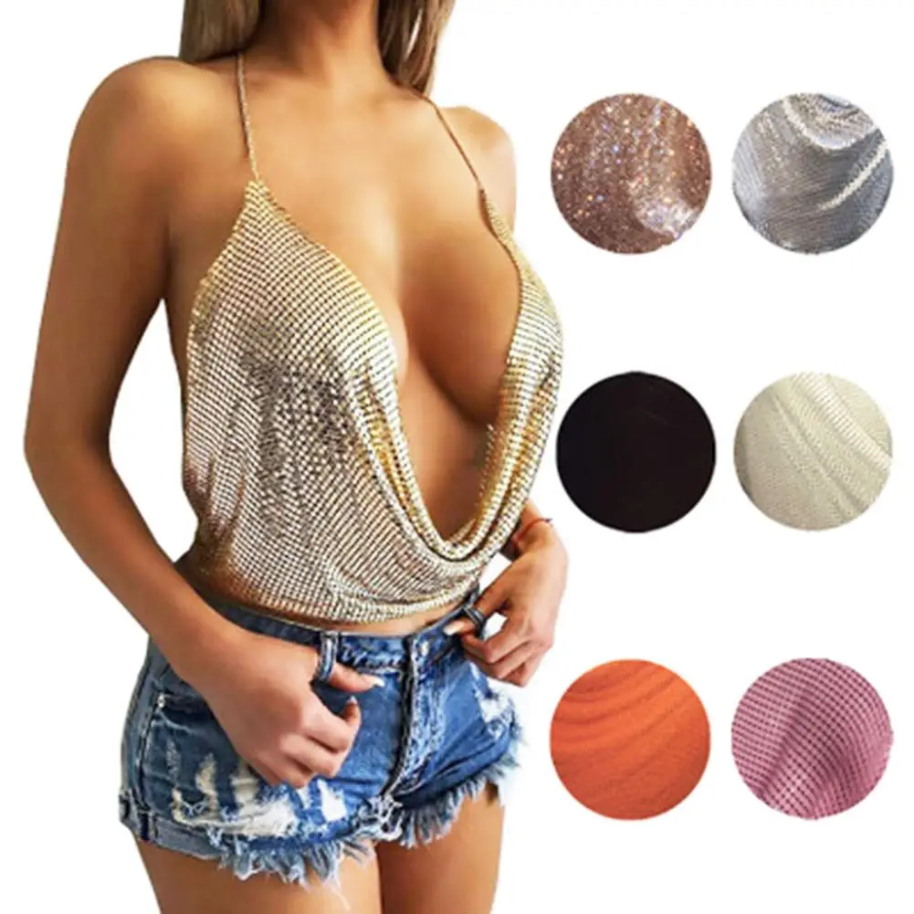 2020 New Elegant Metal Crop Top Summer Sexy Club Backless Bralette Beach Halter Gold Sequined Party Women Tank Camisole | Женская одежда