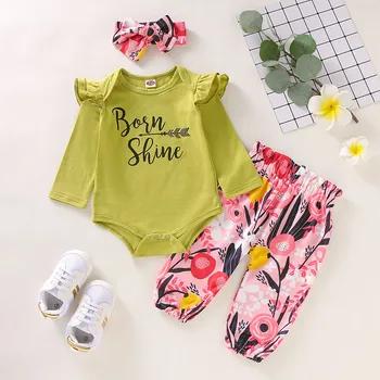 

Autumn Newborn Baby Girls Clothes Outfits Letter Cotton Romper Tops+Floral Pants+Flower Headband Suit Kids Girl Clothing Sets