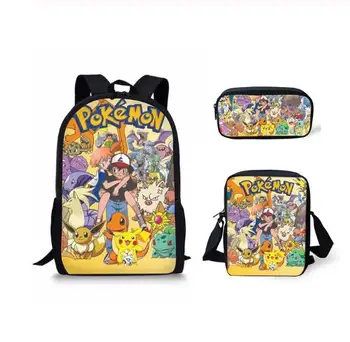 

Fashion 3PCs/Set Children's Backpack Pokemon Anime Pattern School Bags Set Kawaii Pikachu Design Tennagers Book Bags Set