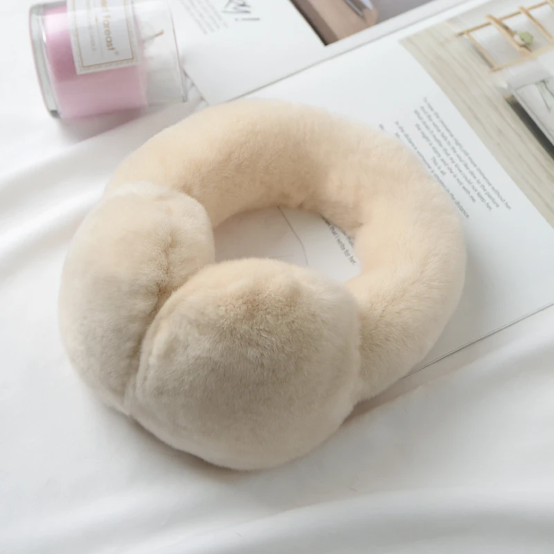 Beige Новые меховые наушники для женщин с натуральным кроличьим мехом, зимние теплые наушники, рождественские подарки для милых девушек, 17 цветов - Цвет: Beige