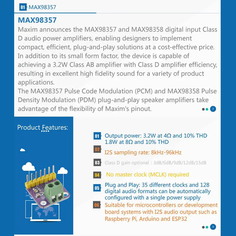 Max98357 I2S 3W Class D Amplifier Breakout Interface Dac Decoder Module Filterless Audio Board For Raspberry Pi Esp32