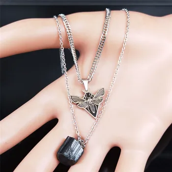 

AFAWA Gothic Skull Moth Stainless Steel Layered Necklace Women Black Color Natural Stone Statement Necklace Jewelry N3753S02