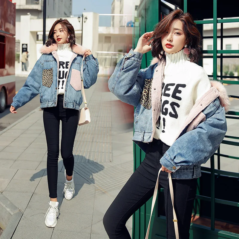 

2019 Winter New Style Fashion Short Leopord Pattern Joint Jeans Coat Thick Model Fur Collar Cowboy Cotton-padded Clothes WOMEN'S