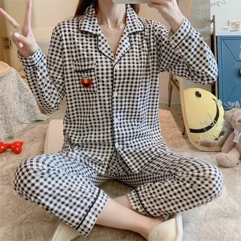 

Plaid Pajamas Suit Female Satin Nightwear Lapel Pijamas Long Sleeve Cute Sleepwear Cartoon Thin Pants Set Women Home Clothing