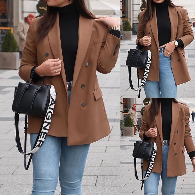 Women Autumn New Classic Solid Blazer Office Lady Elegant V-neck Jacket Coat Brown Long-sleeved Double-breasted Casual OL Blazer