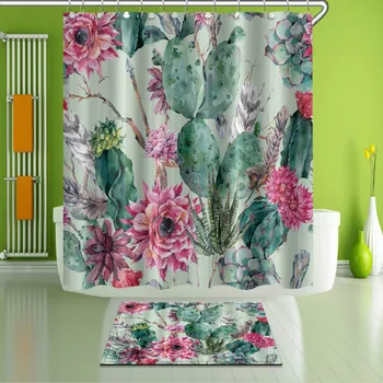 

Pastoral Green Cactus Flowers Printed Shower Curtains Waterproof Polyester Bathroom Bathing Screen Bathtub Home Decor with Hooks