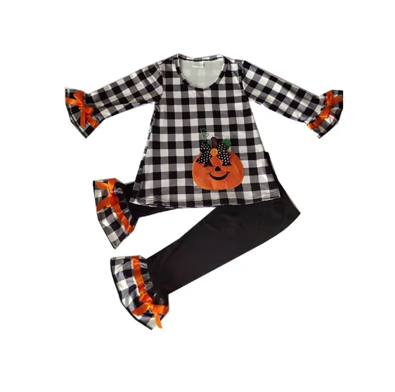 

cute girls ruffle outfits with long sleeve embroidery set pumpkin pattern set