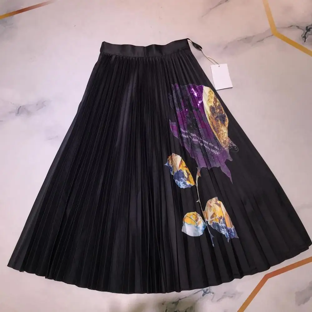 

2019 rose printed black pleated women long skirt