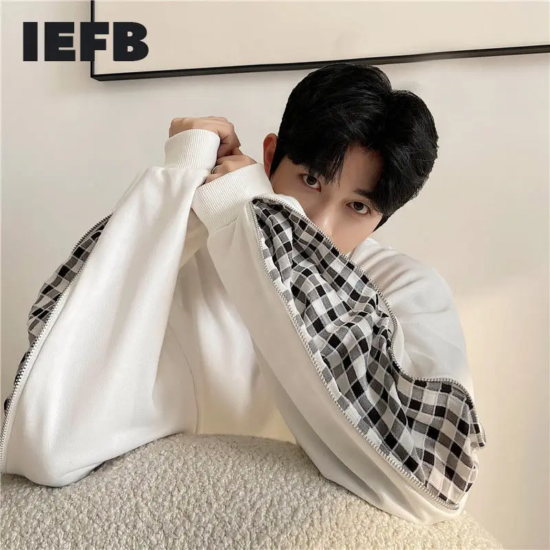 IEFB Korean Design Round Neck Men's Sweatshirts Hidden Zipper Plaid Patchwork Long Sleeve Collar Oversized Pullover Tops | Мужская