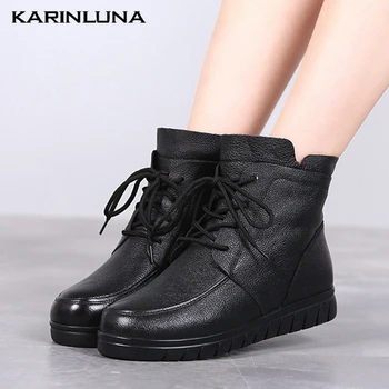 

Karinluna High Quality On Sale Big Size 41 Leisure Genuine Leather Round Toe Flat with Cross-tied Ankle Short Plush Boots