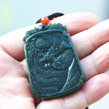 Натуральный зеленый нефрит кулон резной китайский Феникс, дракон подарок, ожерелье с подвеской для женских ювелирных изделий веревка