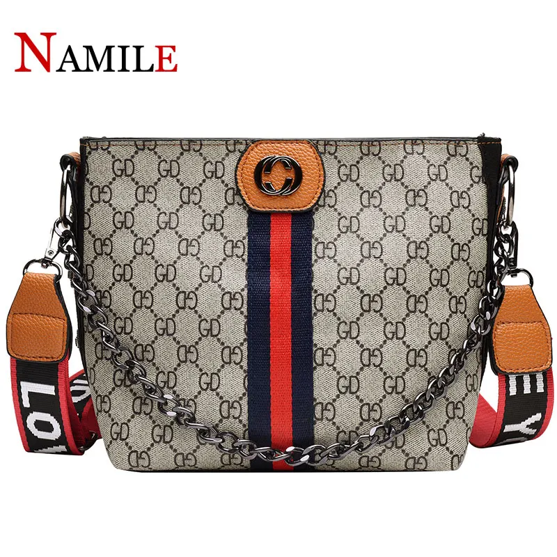 

Women's bag 2019 new ladies wide shoulder strap Messenger bag wild elegant chain portable old flower bag