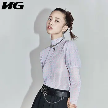 

HG Macaron Print T Shirt Fashion Trend Slim Was Thin Wild Puff Sleeve Women Tops Sheer Mesh Tshirt Trend Spring Summer XJ4490