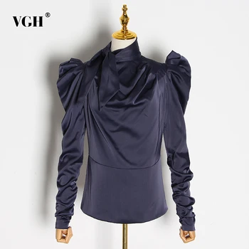 

VGH Elegant Ruched Satin Women's Shirts Stand Collar Puff Long Sleeve Lace Up Bow Asymmetrical Blouse Female Spring Fashion Tide
