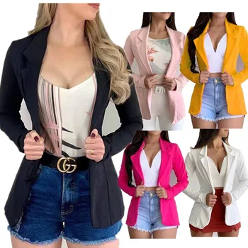 

PEONFLY New Plus Size Women's Blazer Fashion 2020 Spring Single Button Jackets Ladies Casual Solid Slim Long Sleeve Coat Women