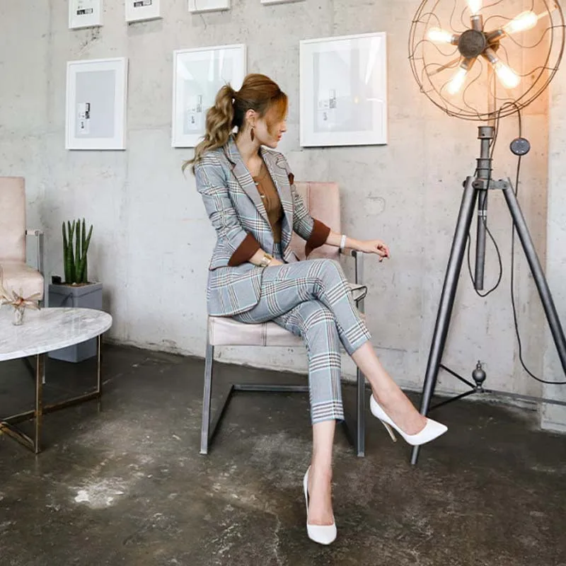 

Women Clothes Korean Suit Jacket Female Korean Self-cultivation Plaid Striped Small Suit Nine Pants Two-piece Sets Women Suits