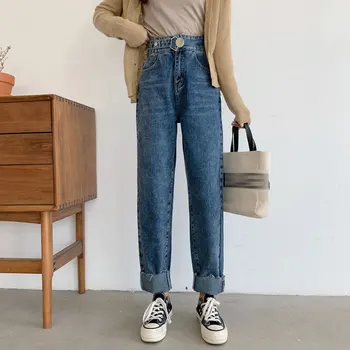 

Loose Jeans Woman 2020 New Fashionthin Solid Color Big Buckle Straight Pants Wool Side Jeans Long Pants Women High Waist Woman