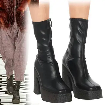 

square toe elastic boots for women Thick bottom waterproof platform autumn and winter new British style thin boots
