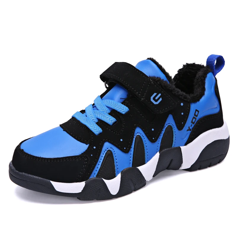 Black Blue Зимние кроссовки с мехом для маленьких мальчиков; обувь для больших мальчиков; детская обувь на липучке для мальчиков; модная обувь для мальчиков из искусственной кожи - Цвет: Black Blue