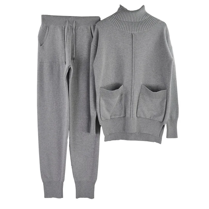 Light Grey TAOVK для женщин осенние трикотажные костюмы средней длины на подкладке свитер с воротником и трикотажные брюки женский комплект из 2 предметов - Цвет: Light Grey