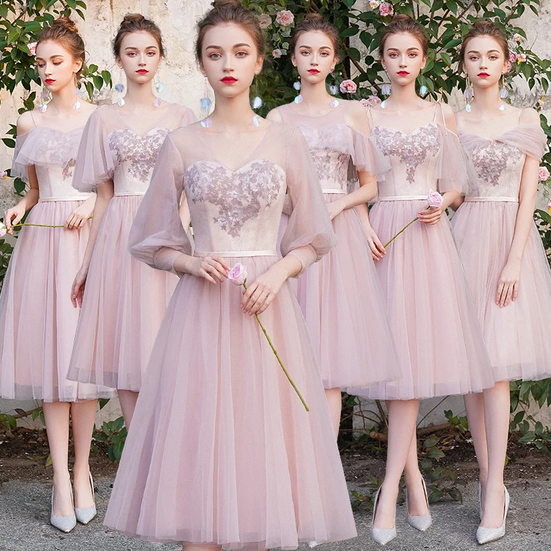 Bridesmaids Dresses Vintage Spaghetti Straps Short V-Neck Embroidery A-Line Knee-Length Lace Tulle Women Wedding Party Gown E172