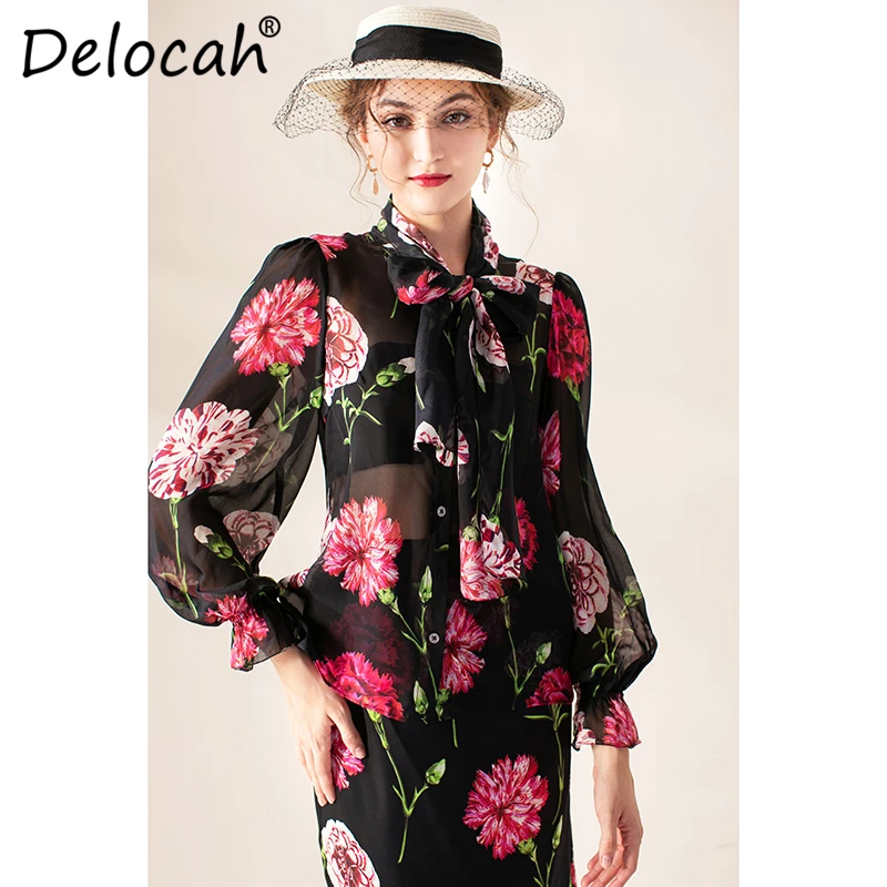 Delocah, осенне-зимняя женская юбка, подиумная, модная, дизайнерская, с принтом гвоздика, шелк, элегантная, тонкая, для девушек, длиной до колен, юбки