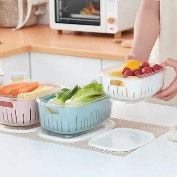 

Small Double-Layer Refrigerator Box with Lid Drain Basket Sealed Box Home Vegetable Refrigerator Kitchen
