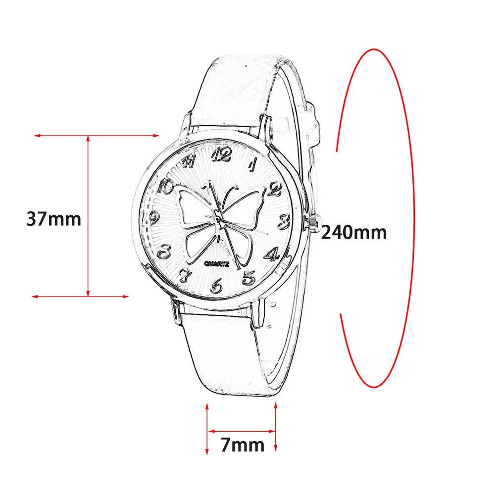 Большой круглый циферблат мягкий кожаный ремешок кварцевые наручные часы Элегантные для женщин Бабочка узор повседневное женский подарок для студента