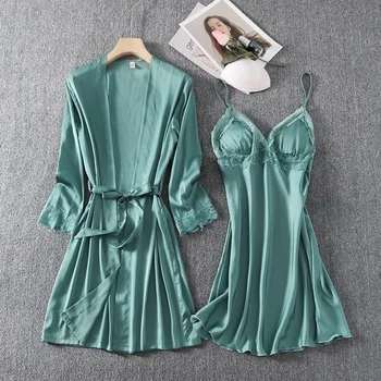 

Women Green Sweet Lace Trim Nightdress Suit Summer Faux Silk Kimono Robe Gown Set Sexy V-Neck Spaghetti Strap Nightgown Bathrobe