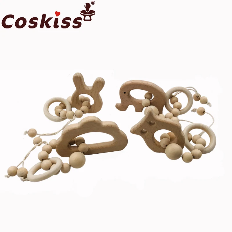 

Baby Teether Bracelet Beech Wooden Animal Natural Teething Grasping Toy Silicone Bead Toddler Teether Newborn DIY Baby Gift